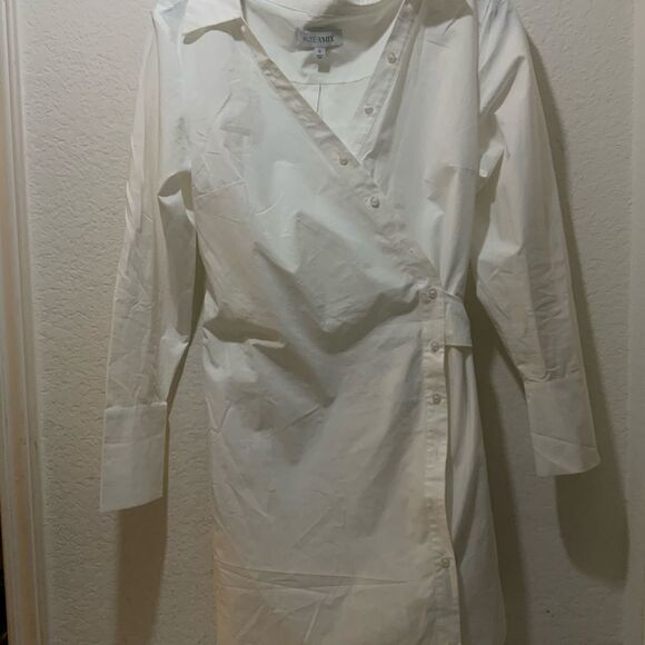 Intermix Maggie Cotton Poplin Asymmetrical Button Wrap Shirt Dress White 6 - Picture 6 of 12